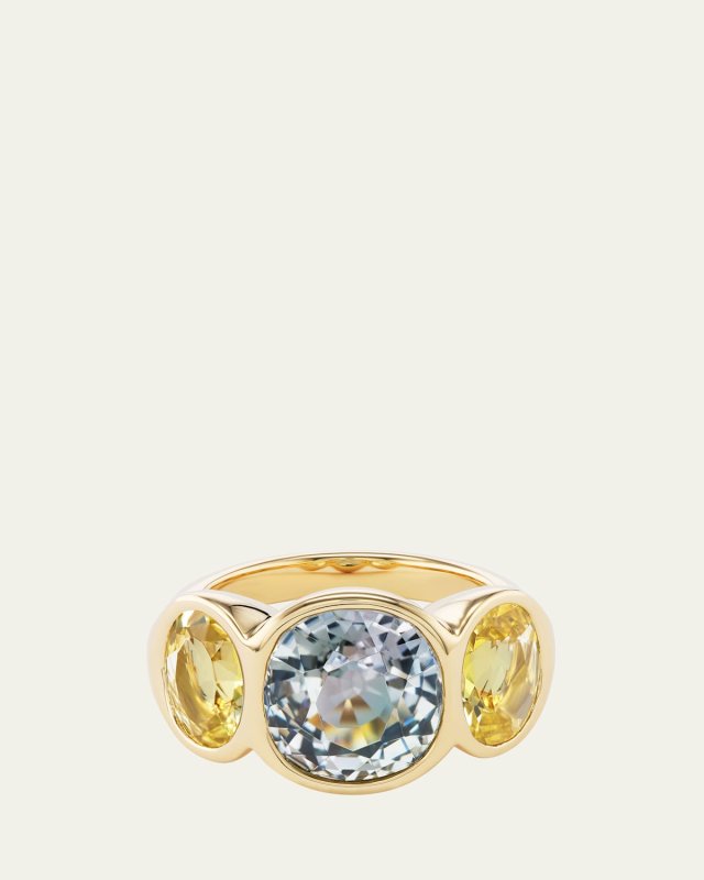 One of a Kind 18K Three Stone Ring with Tourmaline Center and Yellow Beryl Sides